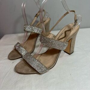 Nina Senta nude tan rhinestone double strap adjustable strap block heels  9.5
